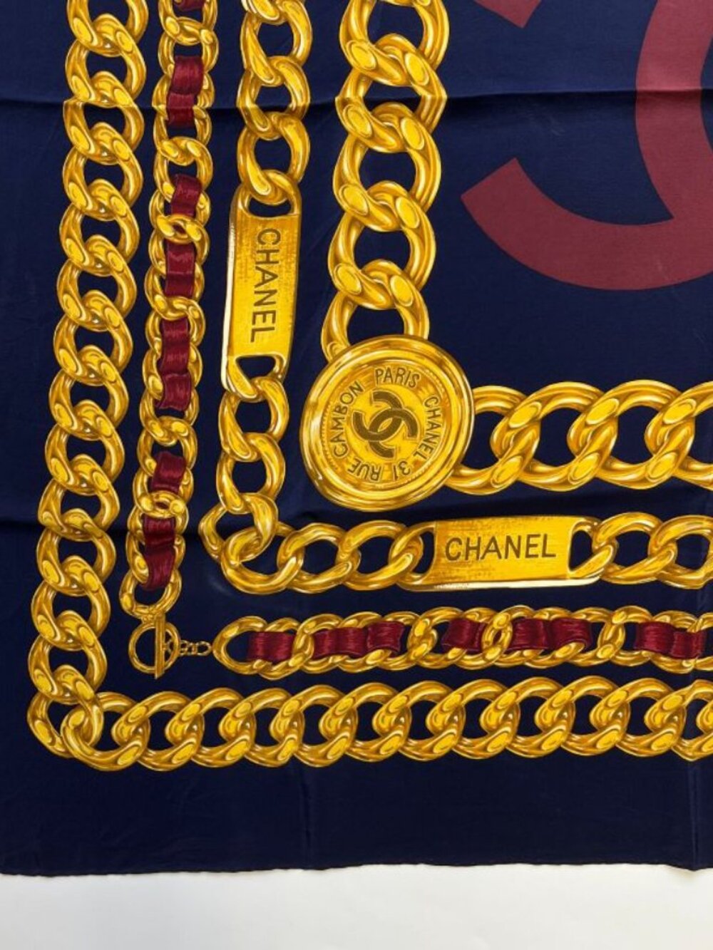 Chanel CC Logo Scarf Silk Gold Navy Vintage - Picture 3 of 11
